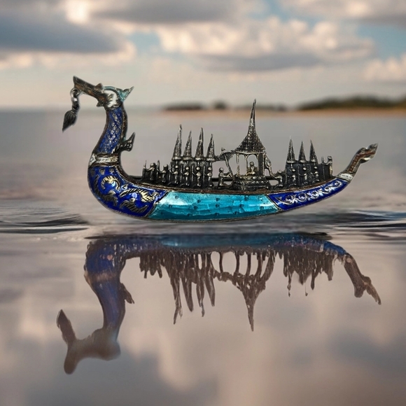 Siam Jewelry - Siam Sterling Silver Brooch Shaped Like Dragon Boat Gold Plating Enamal Details